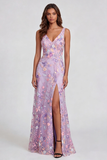 Lilac Flower Appliqued V Neck A Line Midi Dress with Slit