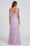 Lilac Flower Appliqued V Neck A Line Maxi Dress with Slit
