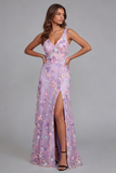Lilac Flower Appliqued V Neck A Line Maxi Dress with Slit