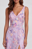 Lilac Flower Appliqued V Neck A Line Maxi Dress with Slit
