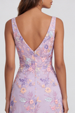 Lilac Flower Appliqued V Neck A Line Maxi Dress with Slit