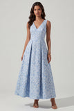 Blue V Neck Jacquard Ruched A Line Midi Dress