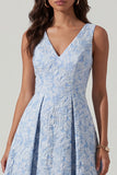 Blue V Neck Jacquard Ruched A Line Midi Dress
