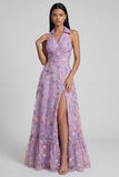 Lilac Flower Appliqued V Neck A Line Sleeveless Midi Dress with Slit
