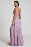 Lilac Flower Appliqued V Neck A Line Sleeveless Maxi Dress with Slit