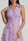 Lilac Flower Appliqued V Neck A Line Sleeveless Maxi Dress with Slit