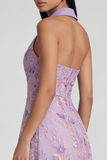 Lilac Flower Appliqued V Neck A Line Sleeveless Maxi Dress with Slit