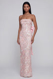 Appliqued Bowknot Pink Strapless Sheath Maxi Dress with Back Slit