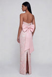 Appliqued Bowknot Pink Strapless Sheath Maxi Dress with Back Slit