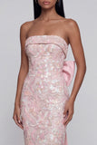 Appliqued Bowknot Pink Strapless Sheath Maxi Dress with Back Slit