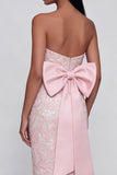 Appliqued Bowknot Pink Strapless Sheath Maxi Dress with Back Slit