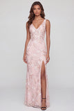 Sparkly Pink Appliqued V Neck Sheath Midi Dress with Slit