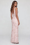 Sparkly Pink Appliqued V Neck Sheath Midi Dress with Slit