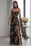 Dusty Sage Strapless A Line Pleated Long Formal Dress with Slit