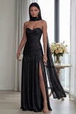 Dusty Sage Strapless A Line Pleated Long Formal Dress with Slit