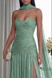 Dusty Sage Strapless A Line Pleated Long Formal Dress with Slit