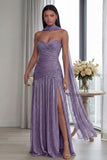 Dusty Sage Strapless A Line Pleated Long Formal Dress with Slit