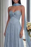 Sky Blue Strapless A Line Pleated Long Formal Dress with Ribbon