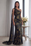 Navy One Shoulder Sheath Ruched Long Formal Dress with Ribbon