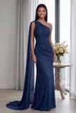 Navy One Shoulder Sheath Ruched Long Formal Dress with Ribbon