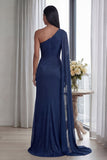 Navy One Shoulder Sheath Ruched Long Formal Dress with Ribbon