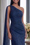 Navy One Shoulder Sheath Ruched Long Formal Dress with Ribbon