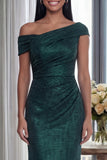 Dark Green Off the Shoulder Sheath Ruched Long Formal Dress with Back Zipper
