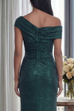 Dark Green Off the Shoulder Sheath Ruched Long Formal Dress with Back Zipper