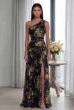 Golden One Shoulder Pleated A Line Long Formal Dress with Slit