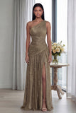 Golden One Shoulder Pleated A Line Long Formal Dress with Slit