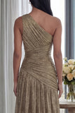 Golden One Shoulder Pleated A Line Long Formal Dress with Slit