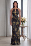 Sparkly Sky Blue Halter Sheath Long Formal Dress