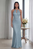 Sparkly Sky Blue Halter Sheath Long Formal Dress