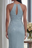 Sparkly Sky Blue Halter Sheath Long Formal Dress