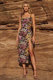 Black Sheath Square Neck Midi Floral Dress with Slit