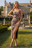 Black Sheath Square Neck Midi Floral Dress with Slit