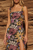 Black Sheath Square Neck Midi Floral Dress with Slit