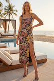 Black Sheath Square Neck Midi Floral Dress with Slit