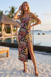 Black Sheath Square Neck Midi Floral Dress with Slit