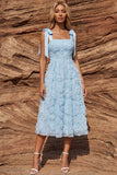 Sky Blue A Line Beaded Sparkly Midi Floral Dress with Bows