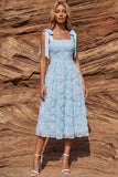 Sky Blue A Line Beaded Sparkly Midi Floral Dress with Bows