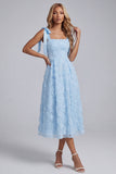 Sky Blue A Line Beaded Sparkly Midi Floral Dress with Bows