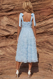 Sky Blue A Line Beaded Sparkly Midi Floral Dress with Bows