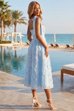 Sky Blue A Line Beaded Sparkly Midi Floral Dress with Bows