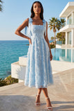 Sky Blue A Line Beaded Sparkly Midi Floral Dress with Bows