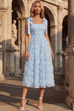 Sky Blue A Line Beaded Sparkly Midi Floral Dress with Bows