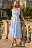 Sky Blue A Line Beaded Sparkly Midi Floral Dress with Bows