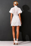 White A Line High Neck Short Wedding Dress with Flutter Sleeves