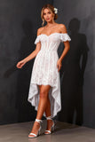 Off The Shoulder White Lace Corset High-Low A Line Wedding Dress