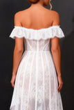 Off The Shoulder White Lace Corset High-Low A Line Wedding Dress